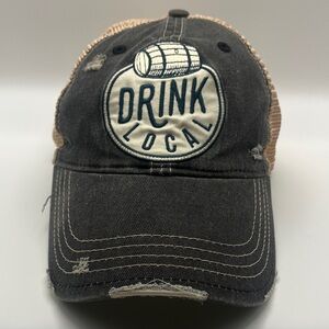 Mason Jar Label Drink Local Distressed Trucker Hat - Black and Tan